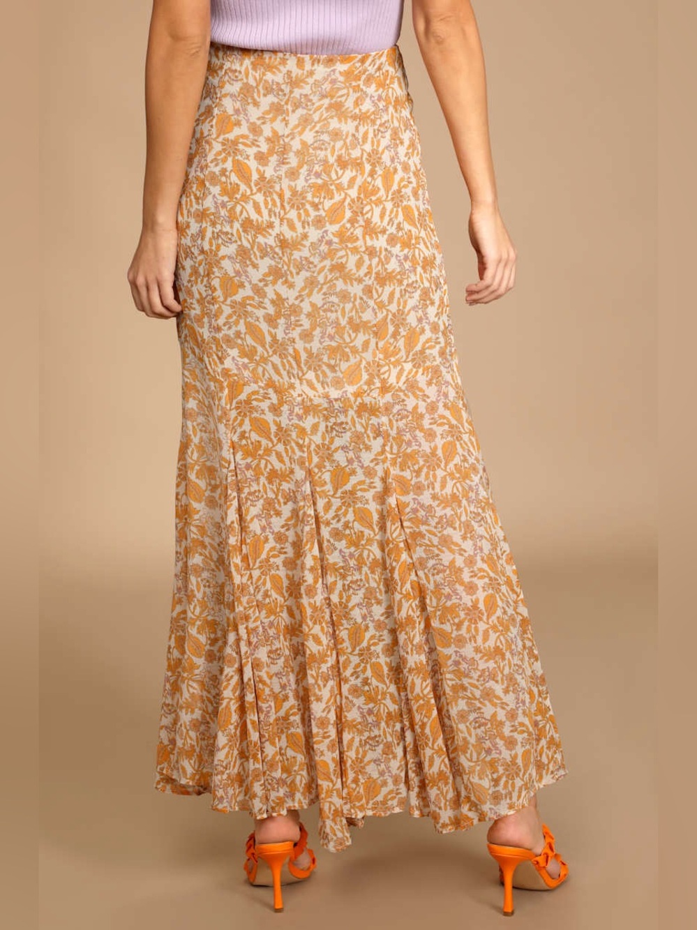 Free People Lilith Cream and Orange Floral Print Maxi Skirt, SZ 4 - Picture 5 of 12